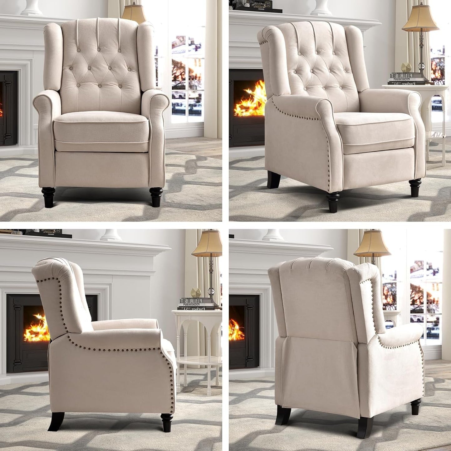 Pushback Recliner Chair, Fabric Armchair Push Back Recliner with Rivet Decoration, Mid Century Wingback Accent Chair for Living Room, Bedroom, Beige