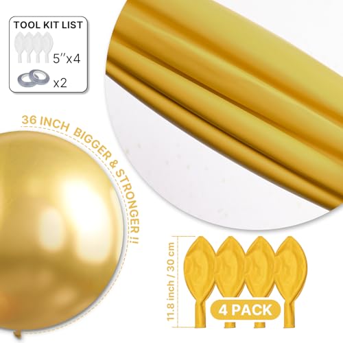 PartyWoo Metallic Gold Balloons 4pcs 36 Inch Extra Large Big Jumbo Giant Chrome Gold Latex Helium Balloons for Graduation ...