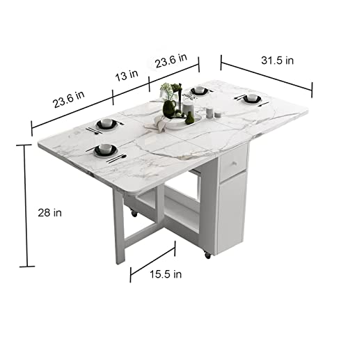 FUNROLUX Folding Dining Table with Rack and 2 Storage Drawers, Movable Extendable Space Saving Kitchen Table in 3 Forms (W...