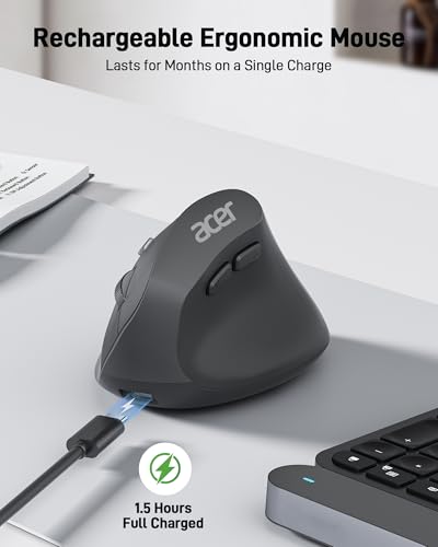 acer Ergonomic Mouse Wireless, Adjustable DPI Vertical Mouse 1000/1200/1600 with 6 Buttons, Rechargeable Ergo Mice with 2....