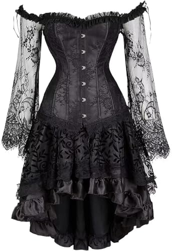 Jutrisujo Corset Top Skirt Set Dress Bustier Lace Long Sleeves Floral Plus Size Costume Halloween Women Black XXS