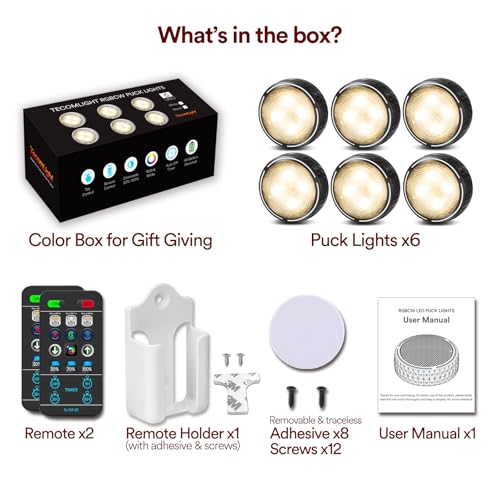 TECOMLIGHT LED Puck Lights with Remote Control, Battery Operated Wireless Closet Light, Under Cabinet Lighting Stick on Ta...