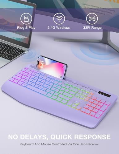 Wireless Keyboard with 9 Effects Backlits, Wrist Rest, Phone Holder, Rechargeable Ergonomic Computer Keyboard with Silent ...