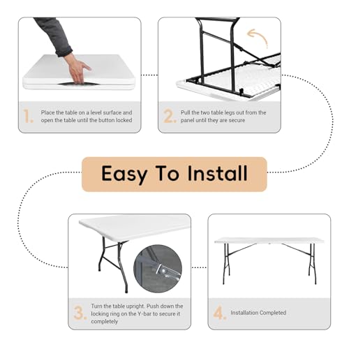 pollilar Folding Table 6FT Plastic 6 Foot Foldable Table HDPE Portable Banquet Surface Fold-in-Half Desk Utility for Worki...
