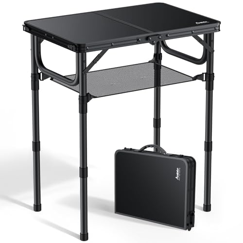 Anbte Folding Camping Table with Storage Net, Pure Black Aluminum 2ft Picnic Table 23.2" x 16" Outdoor Table Adjustable He...