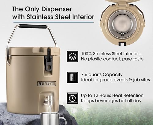 Insulated Beverage Dispenser for Hot Drinks - Hot Cocoa and Coffee - 2 Gallon with Stainless Steel Interior- Portable Spor...