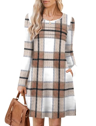 OFEEFAN Womens Long Sleeve Tunic Dress Fall Fashion Sweater Dress with Pockets Pleated Front Casual Winter