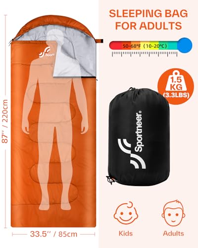 Sportneer Sleeping Bag, 3 Seasons Warm Cold Weather Sleeping Bags for Adults Kids Boys Girls with Compression Sack- Lightw...