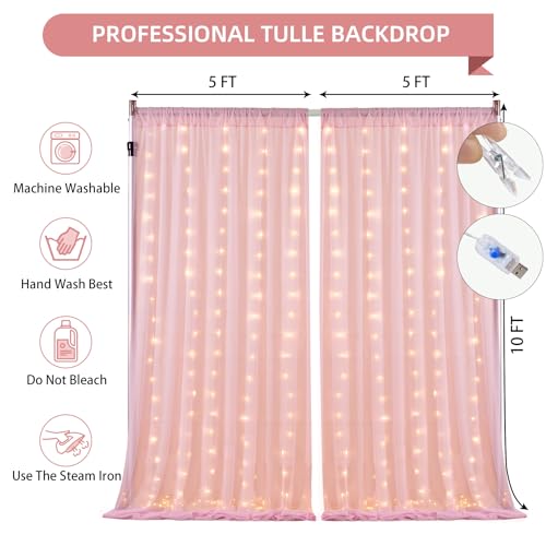 10x10FT Pink Wrinkle Free Backdrop Curtains with Lights String for Parties - Photo Curtain Backdrop with Lights for Weddin...