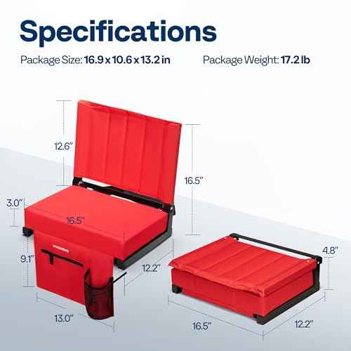 VIVOHOME 2 Pack Stadium Seats with Back Support and Cushion, Portable Bleacher Chair with Cup Holder and Shoulder Strap Red