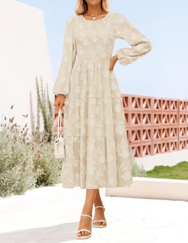 ZESICA Women's Fall Boho Floral Midi Dress 2026 Casual Long Sleeve Crewneck Flowy Wedding Guest Long Dresses