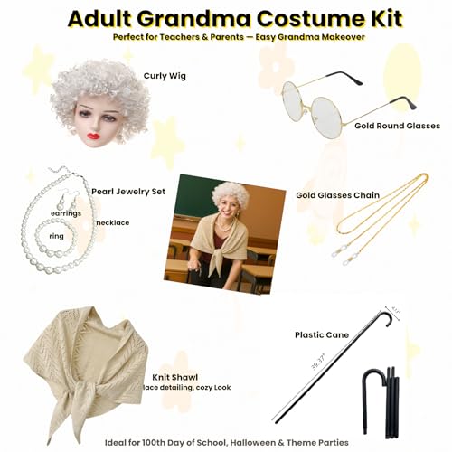 QAQ-COSPLAY 100 Days of School Costume for Women – Old Lady Costume with Wig -School Grandma Costume with Accessories