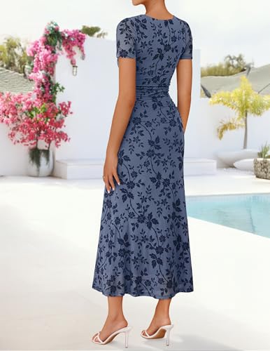 ZESICA Women's Summer Short Sleeve Floral Bodycon Dress 2026 Ruched Mesh Wedding Guest Cocktail Party Maxi Dresses