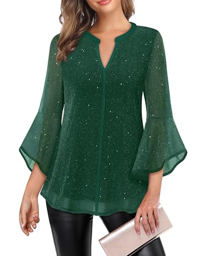VALOLIA Women's 3/4 Sleeve Dressy Blouses Shirts Casual Loose Fit Mesh Layered Flowy Tunic Tops