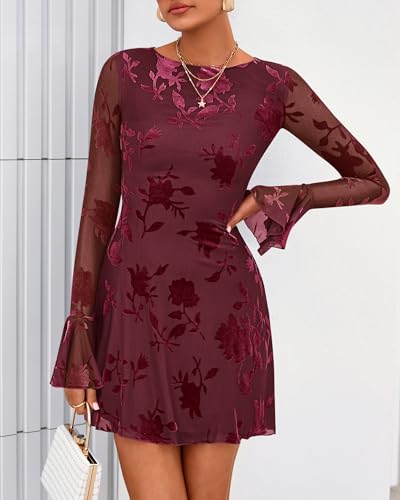 BTFBM Women Floral Wedding Guest Dress Spring 2026 Casual Long Sleeve Crew Neck Flowy Party Cocktail Mini Dresses