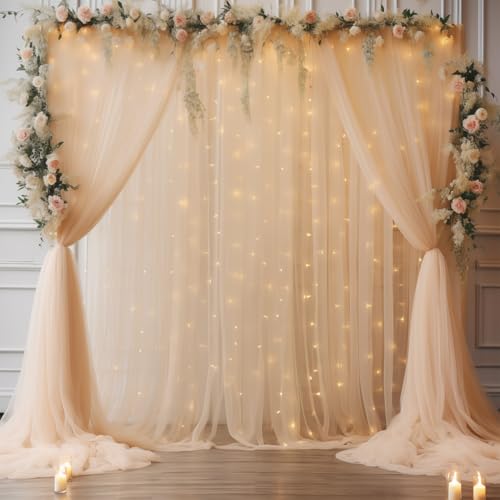 10×8ft Champagne Tulle Curtain Backdrop with Lights String for Parites, Sheer Backdrop Curtain Drapes for Wedding Photo Ba...