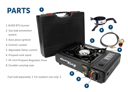 Flame King Dual Fuel Butane & Propane Gas Camping Stove with Single Burner, Portable and Great for Outdoor Cooking, Backpa...