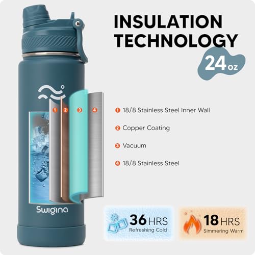 Swigina [2-IN-1 LID] Insulated Water Bottle with Silicone Boot (36hrs Cold/18hrs Hot) - DIY Stickers, Leakproof, BPA Free,...
