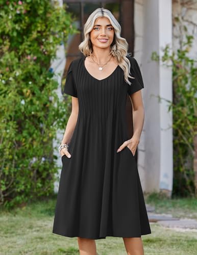 Zeagoo Women Midi Dresses for Summer 2026 Short Sleeve Casual Flowy Dress A Line Pleated V Neck Beach Sundress with Pockets