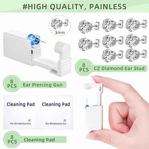 24 Pcs Ear Piercing Kit Disposable Ear Piercing Gun Kit with 8 Pcs Self Piercing Gun and 8 Pcs Silver Earrings Stud 8 Pcs Cleaning Pads