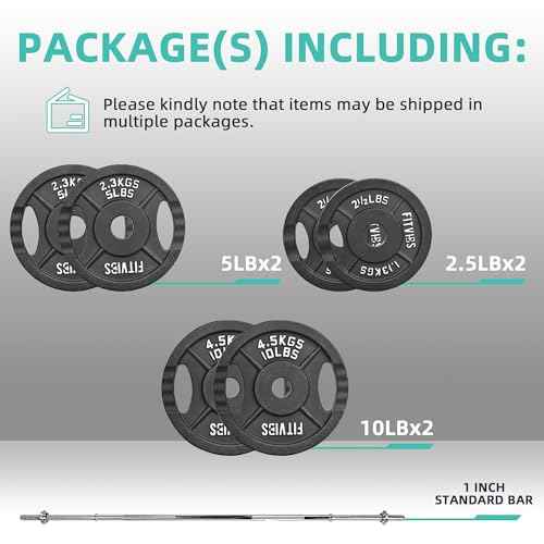 Fitvids Barbell Weight Set, Cast Iron 1" Standard Weight Plates Including 5FT Standard Barbell Bar & Star Locks, 45 Pounds Set (35 Lbs Plates + 10 Lbs Barbell Bar), Multiple Packages