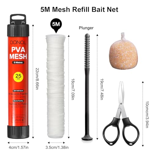 DONQL 5M PVA Mesh Carp Fishing with Scissors, PVA Bags Carp Fishing, 45" Fast Water Soluble Mesh Bags Refill Bait