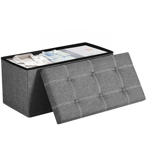SONGMICS Mazie Collection - 30 Inches Ottoman Storage Bench, 21 Gal. Folding Chest with Breathable Linen-Look Fabric, Load up to 660 lb, for Entryway, Living Room, Bedroom, Dark Gray ULSF001G01