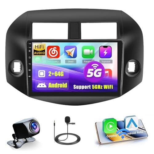 5GHz WiFi 2+64G Android Car Radio for 2006-2012 Toyota RAV4, 10.1'' Touchscreen Bluetooth Radio with Wireless CarPlay Andr...