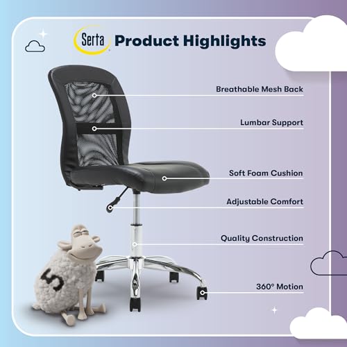 Serta Essential Armless TaskChair, Small Desk Chairs with Wheels, Breathable Mesh Back and Faux Leather, Quality Foam Cush...
