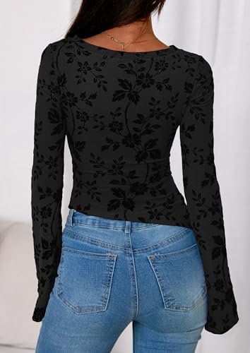 PRETTYGARDEN Women Long Sleeve Floral Mesh Tops Blouse 2026 Fall Trendy Boat Neck Ruched Spring Shirt Going Out Date Outfits