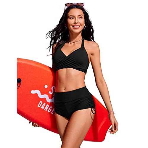 CRZ YOGA Ruched Side Board Shorts for Women - High Waisted Adjustable Swimsuit Beach Bathing Bottoms
