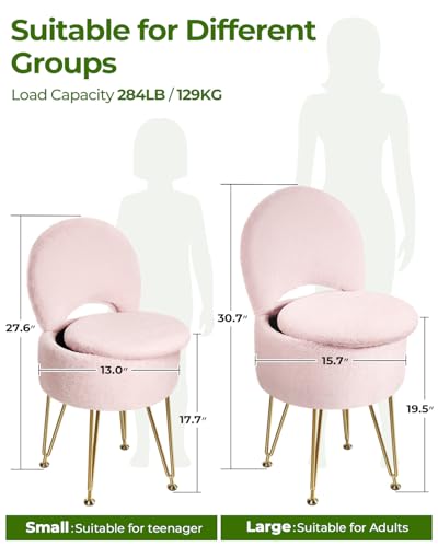 GREENSTELL Small Vanity Stool Chair with Storage and Folding Back, 13" x 13" x 17.7" Faux Fur Soft Ottoman for Teenager, 4...