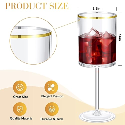 Yaomiao 12 Pack Clear Plastic Disposable Wine Glasses with Stem 10 Oz Gold Rimmed Reusable Wine Glasses Cups for Wedding A...