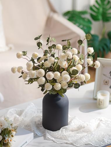 BLOSMON Fake Flowers in Vase for Centerpieces: Metal Vase with 12 Stems of Artificial Mums Kiku Flowers Eucalyptuses Home ...