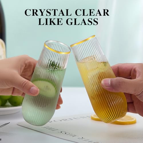 Lueumxc 48 Pack Plastic Ribbed Champagne Flutes, 9 Oz Stemless Disposable Gold Rim Clear Plastic Toasting Glasses Shatterp...