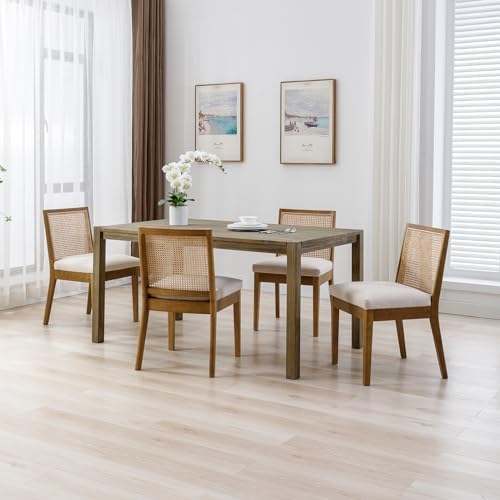 DAYALANE Rattan Dining Chairs Set of 2, Farmhouse Linen Dining Room Chairs Kitchen Chairs with Cane Back, Upholstered Rattan Chairs Comfy Side Wood Chair for Living Room/Restaurant, Natural Cream