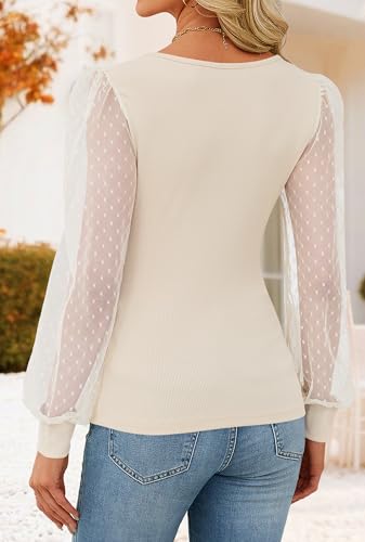 ZESICA Women's Mesh Puff Long Sleeve Shirts 2026 Spring Fall V Neck Ribbed Knit Sexy Going Out Tops Casual Work Blouse