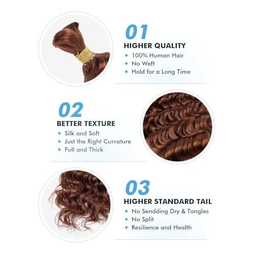 Human Braiding Hair for Boho Braids 150g 24 Inch Auburn Brown Curly Boho Hair for Braiding Knotless 12A Deep Wave Bulk Bohemian 3 Bundles/Pack Color 30