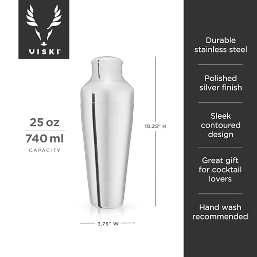 Viski Parisian Cocktail Shaker for Cold Brew Cocktails, Margarita, Espresso Martini, Contoured High Shine Polished Stainle...