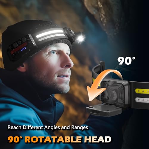 EGUKU Rechargeable Headlamp Beanie, 1200Lumens Bright Beanie with Light, 260°Wide Beam Unisex Hat Headlamp 14 Modes, Motio...