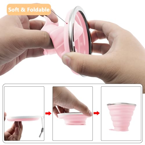 Litoexpe 2 Pack Silicone Collapsible Travel Cup Portable Folding Camping Cup Sets with Lids, Pink & Purple, Capacity 9.22o...