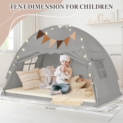 Twin Size Bed Tent Canopy, Kids Play Tent with Flags & Star Lights, Canopy on Bed Privacy Space Sleeping Blackout Tents, G...