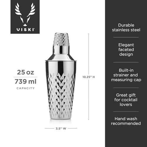 Viski Diamond Cocktail Shaker Set, 25 oz Faceted Stainless Steel Shaker With Strainer