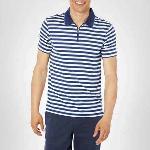 Brooks Brothers Men's Short Sleeve Performance Stretch Zip Polo Shirt, Navy/White Stripe