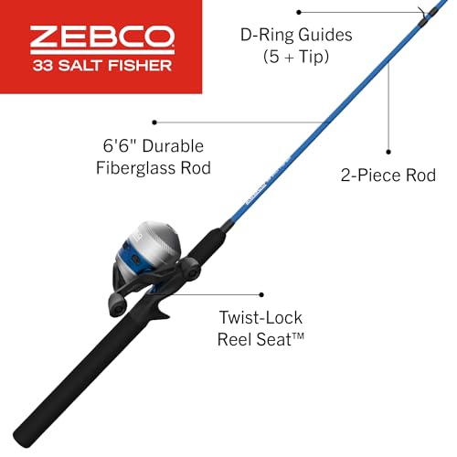Zebco Salt Fisher 33 Spincast Reel and Fishing Rod Combo, 6-Foot 6-Inch 2-Piece Medium-Heavy Power, Moderate-Fast Action F...