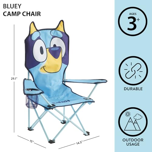 Bluey Kids Folding Camp Chair, Portable Outdoor/Indoor Chair with Carry Bag, Cup Holder, High Back, Lightweight & Durable ...