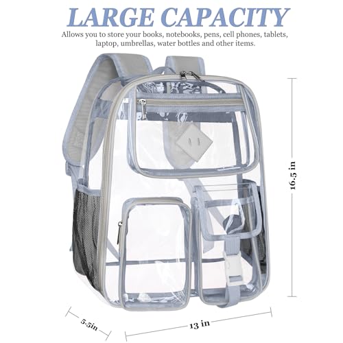 Clear Backpack Heavy Duty Large PVC Transparent See Through Backpacks Work Travel Stadium Approved Festival Backpack (Grey)
