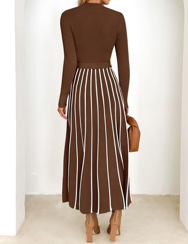 ZESICA Womens 2026 Spring Turtleneck Long Sleeve Sweater Dress Tie Waist Casual Loose Ribbed Knit A Line Midi Dresses