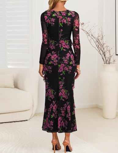 ZESICA Women's Fall Floral Long Sleeve Maxi Dress 2026 Boho Bodycon V Neck Ruffle Wedding Party Long Dresses