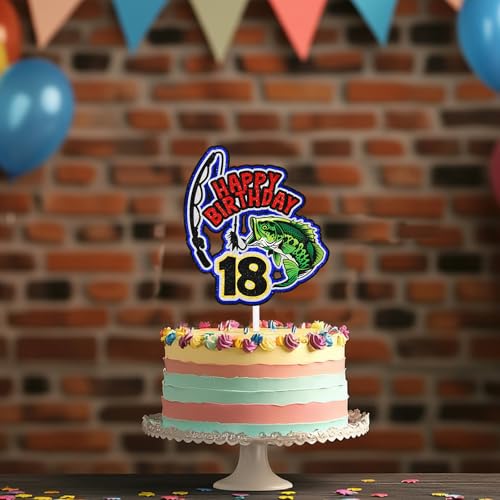 Fishing Cake Topper 18th Birthday Happy Bass Big Fish Decorations, Lake Adventure Fishing Rod Theme Birthday Party for Men...